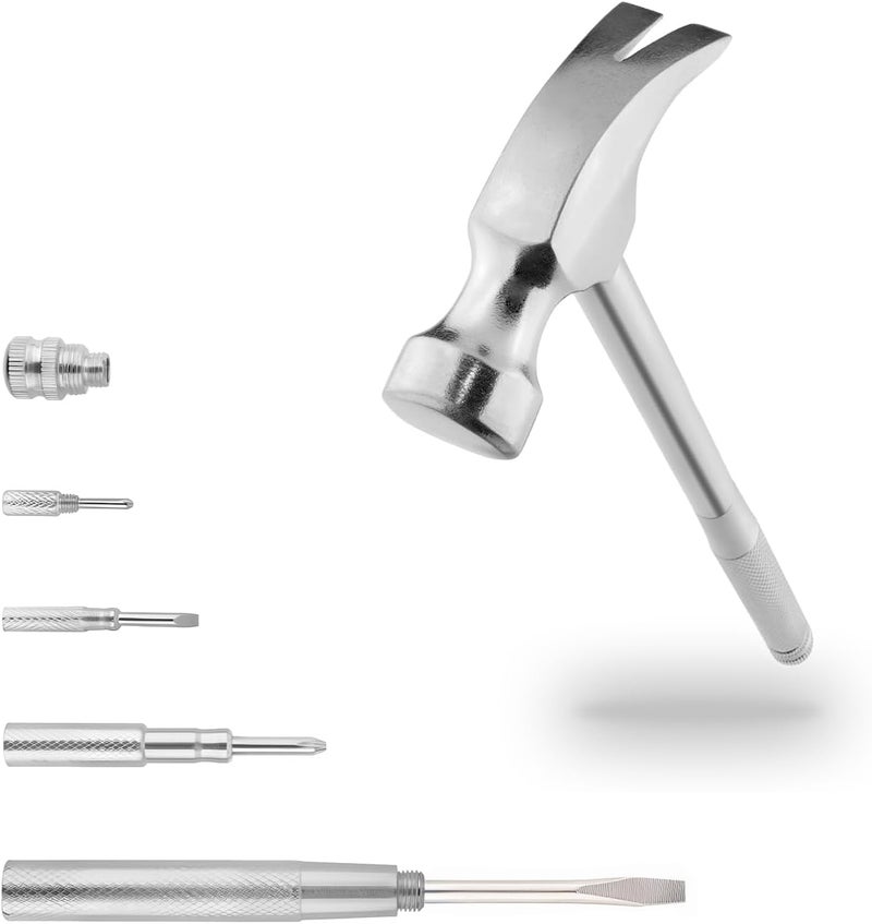 Kinobo Mini Metal Hammer 6 in 1 with Slotted/Flat Head Phillips Screwdriver Claw Hammer Manual, Portable Multifunction Tool Hammer (Silver) - Image 1